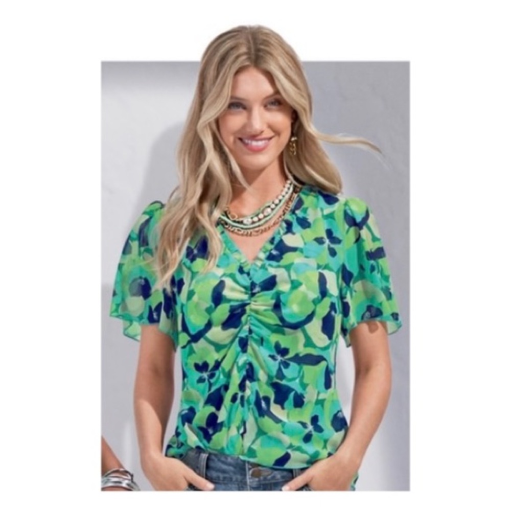 Cabi Trixie #6087 Teal Blue V-Neck Ruched Flutter Sleeve Stretch Blouse